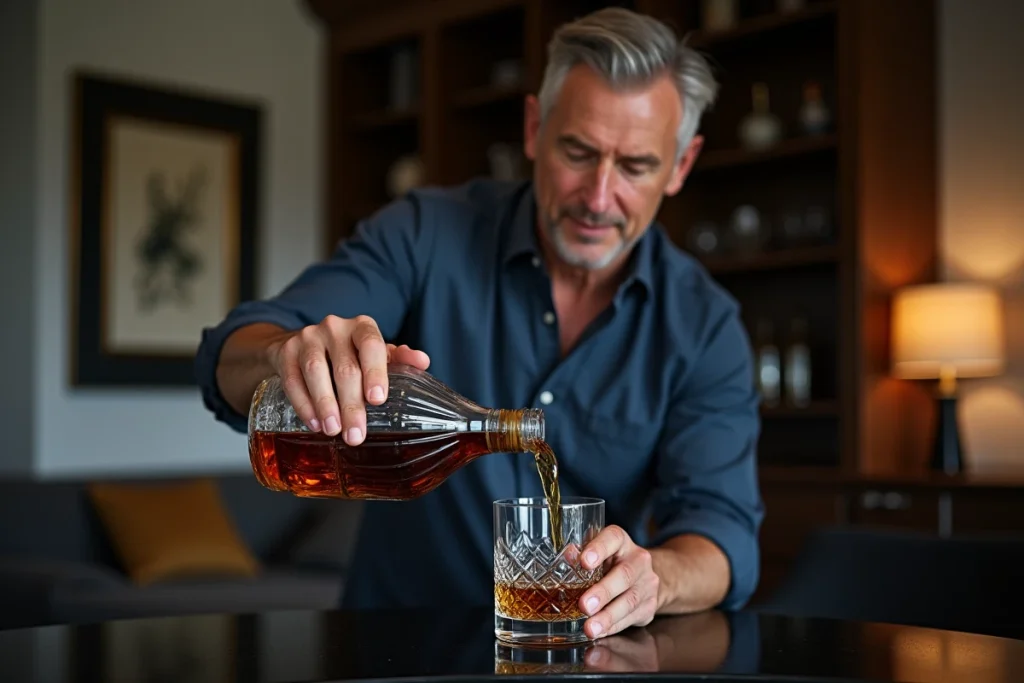Homme versant du whisky depuis une carafe en cristal sur un chariot de bar dans un bureau à domicile moderne