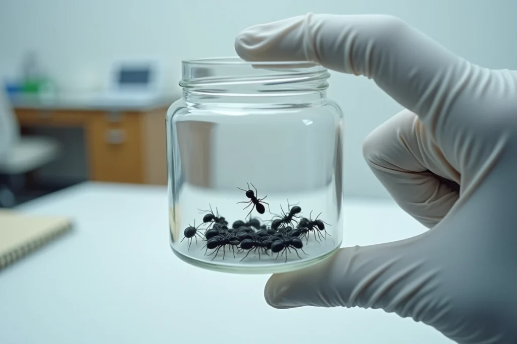Main gantée tenant un bocal d'insectes noirs rampants collectés pour identification entomologique
