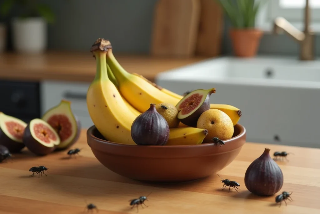 Minuscules insectes noirs volants autour de fruits trop mûrs sur un plan de travail de cuisine en bois