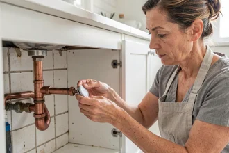 Femme installant un aimant anti-calcaire magnétique sur une canalisation en cuivre sous un évier de cuisine