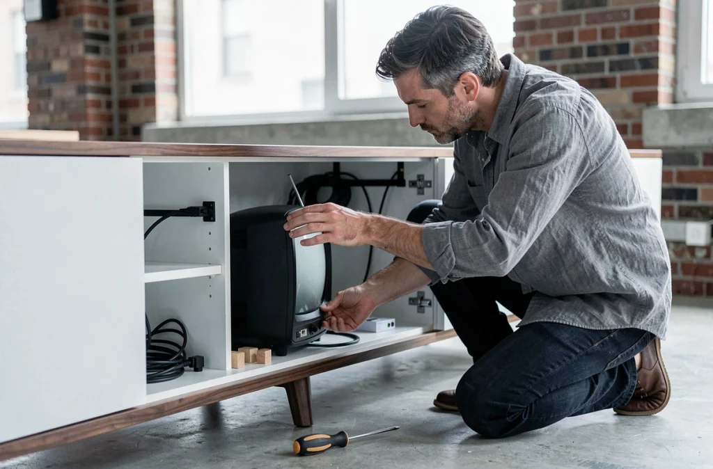 Homme intégrant une télévision vintage noir et blanc dans un meuble TV moderne en laque blanche et noyer dans un appartement urbain