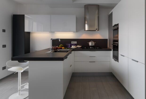 interior view of a modern kitchen with fresh fruit on the worktop near at sink