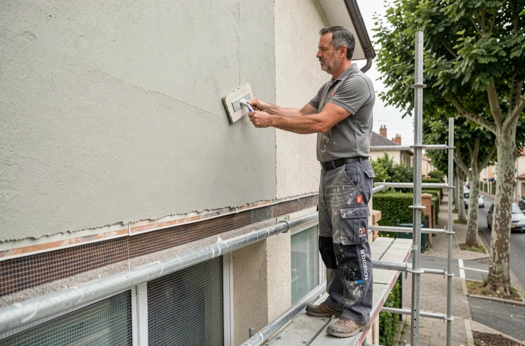 Technicien d'Iso&Face appliquant un enduit sur une façade isolée par l'extérieur en Gironde