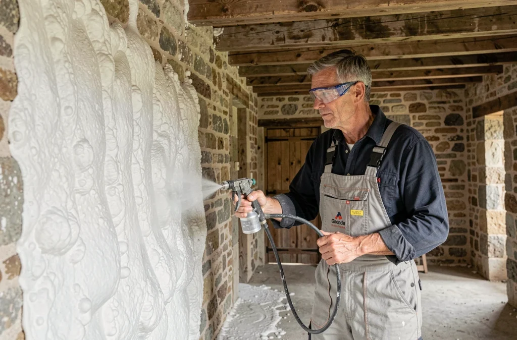 Technicien de l'entreprise Isola Sud-Ouest appliquant de la mousse isolante sur un mur intérieur en Gironde