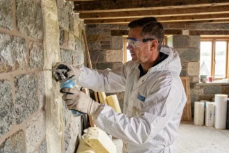 Artisan en combinaison de protection appliquant de la mousse isolante sur un mur en pierre d'une maison bretonne en cours de rénovation
