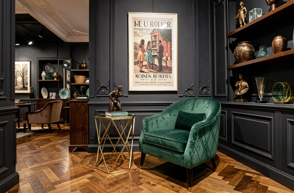 Intérieur de style Art Déco mis en scène par L'Art Déco avec fauteuil en velours, table en laiton et affiche vintage encadrée