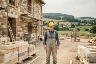Maçon professionnel sur un chantier en Moselle avec une façade en pierre et brique fraîchement construite