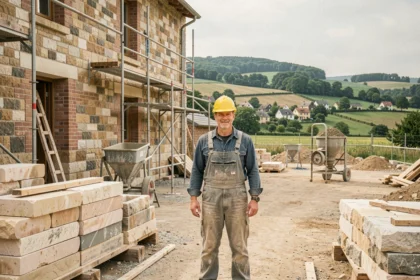 Maçon professionnel sur un chantier en Moselle avec une façade en pierre et brique fraîchement construite