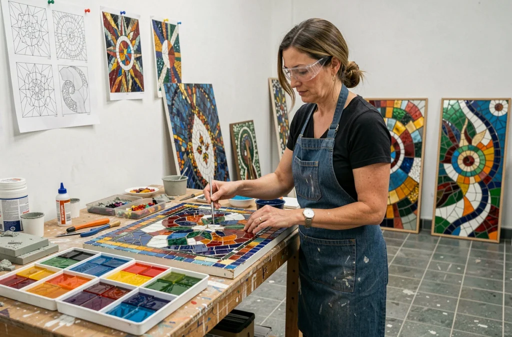 Artiste mosaïste de MosaïkToone posant des tesselles de verre colorées sur un panneau de mosaïque dans son atelier