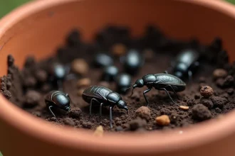 Petits insectes noirs volants identifiés comme des moucherons du terreau sur de la terre humide d'un pot de plante