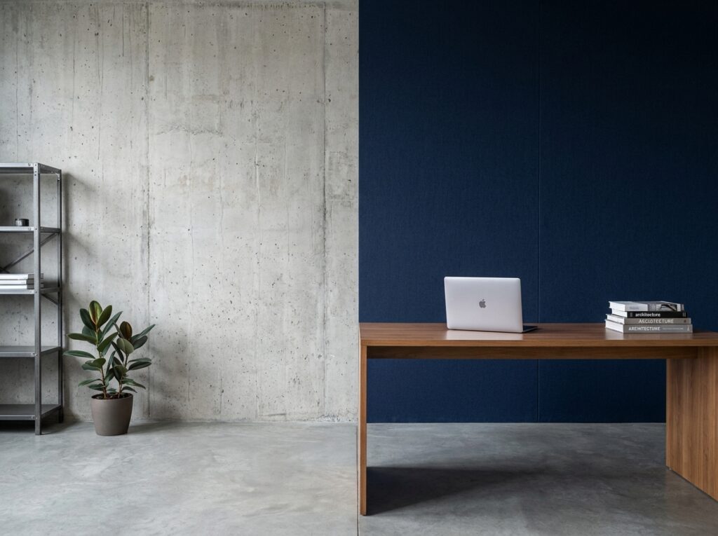 Bureau avec mur tendu bleu marine contrastant avec un mur en béton brut, transformation sans travaux