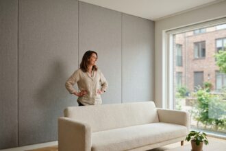 Femme admirant un mur tendu en tissu gris dans un salon moderne au parquet en chêne