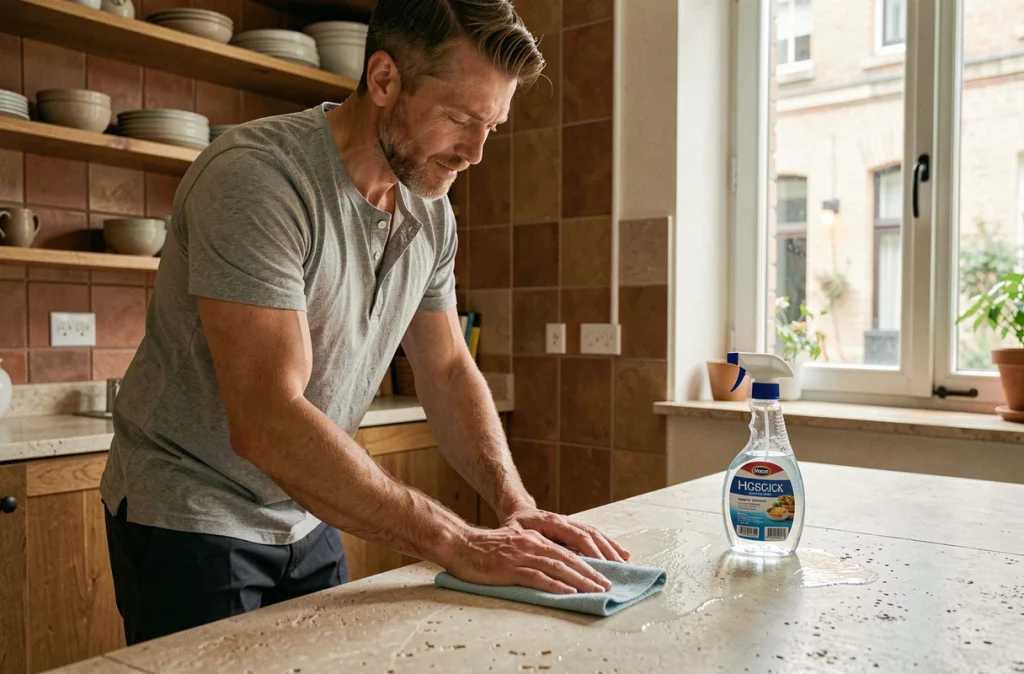 Homme nettoyant un plan de travail en pierre naturelle avec un produit H2O pour surfaces fragiles dans une cuisine moderne