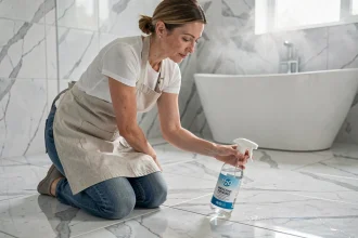 Femme appliquant un produit H2O nettoyant sur un sol en marbre poli dans une salle de bain moderne