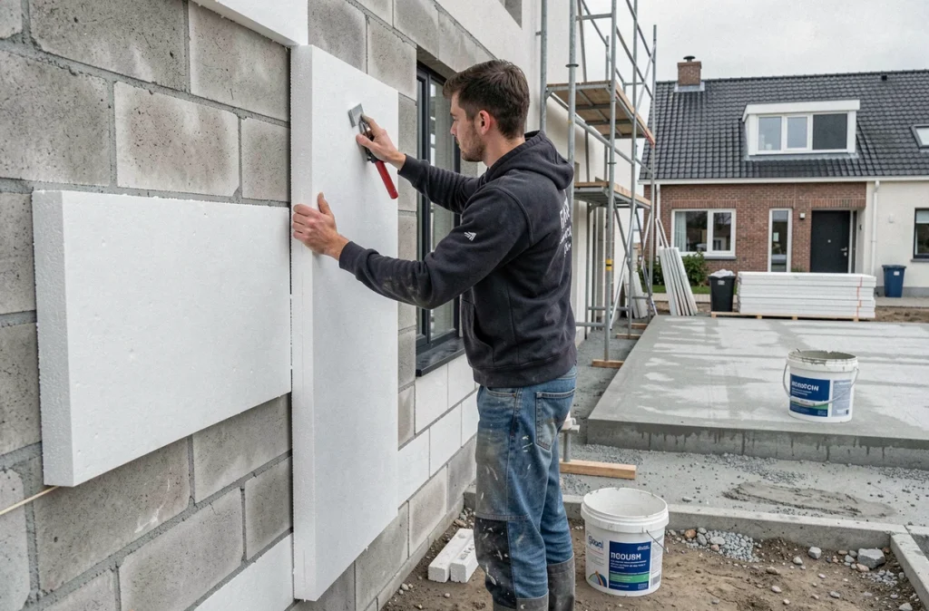 Ouvrier d'Ots Entreprise De Renovations & Neuf fixant des panneaux isolants extérieurs sur une maison neuve en Gironde