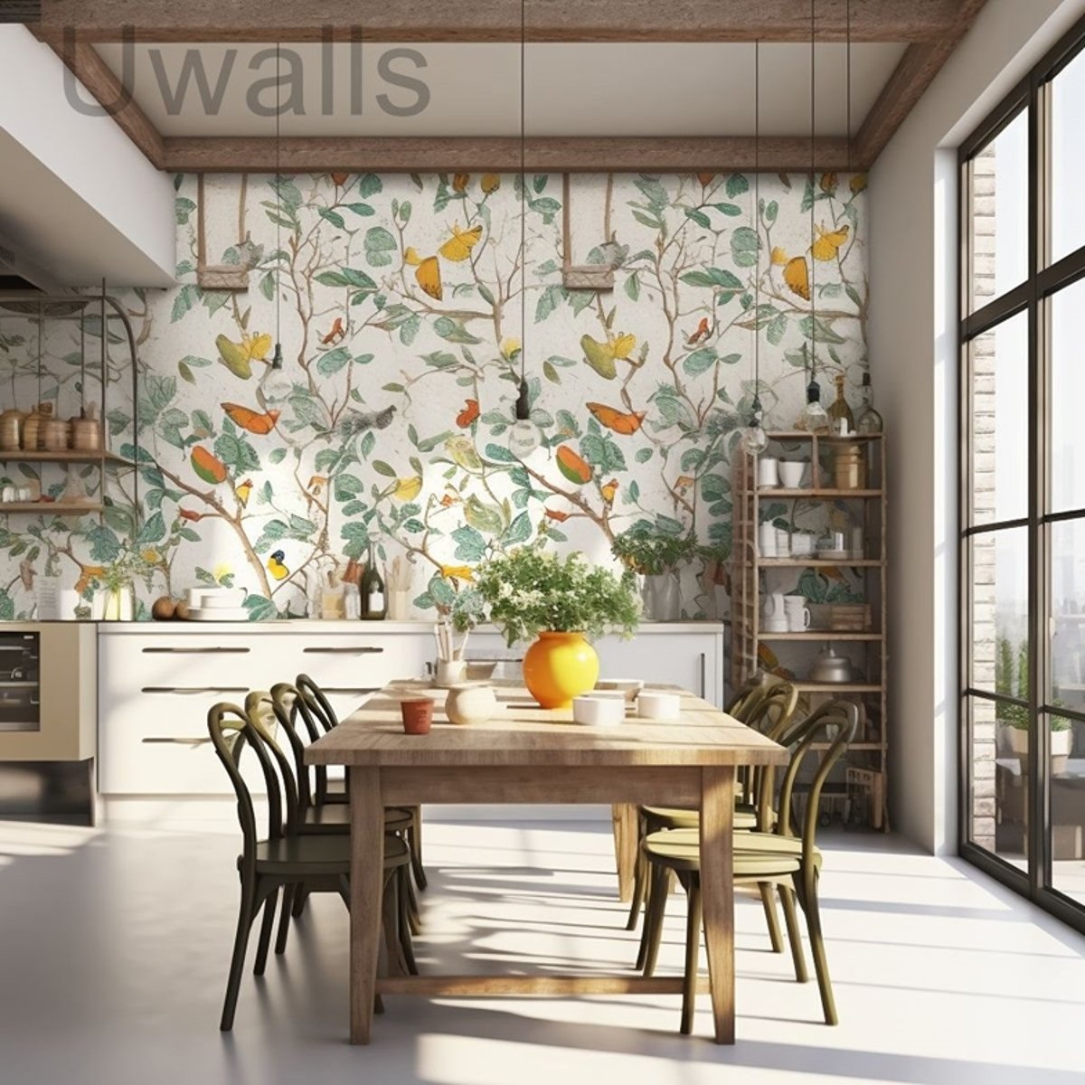 Le papier peint floral s'harmonise parfaitement avec le décor de la cuisine