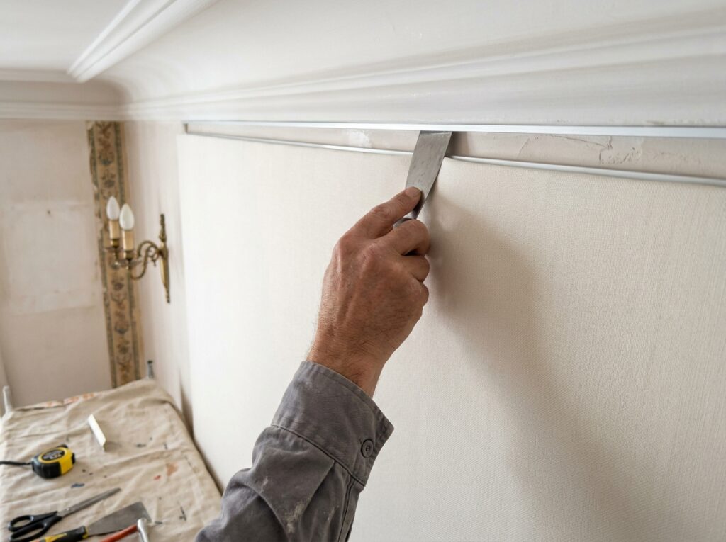 Artisan posant un mur tendu en tissu blanc sur rail aluminium dans une chambre parisienne