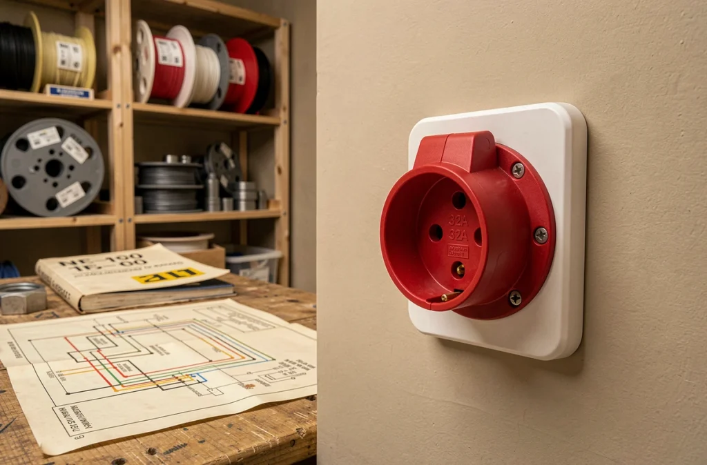 Prise électrique triphasée industrielle montée sur un mur conforme à la norme NF C 15-100 avec schéma de câblage