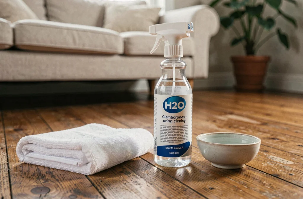 Flacon de produit nettoyant H2O pour surfaces fragiles posé sur un parquet en chêne avec une microfibre, ambiance maison naturelle