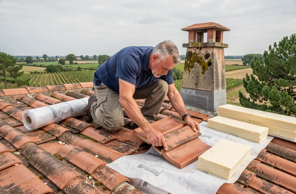 Artisan de Rénovation Toiture Isolation Habitat inspectant l'isolation sous les tuiles d'un toit en Gironde