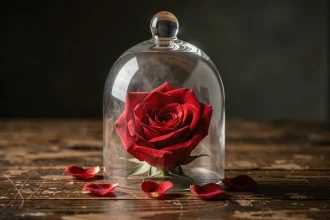Rose rouge sous cloche en verre sur table en chêne sombre, pétales séchés autour de la base, ambiance féerique inspirée de La Belle et la Bête
