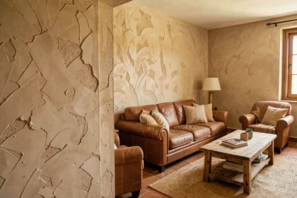 Salon chaleureux avec mur en crépi rustique beige sablé, canapé en cuir cognac et table basse en bois brut