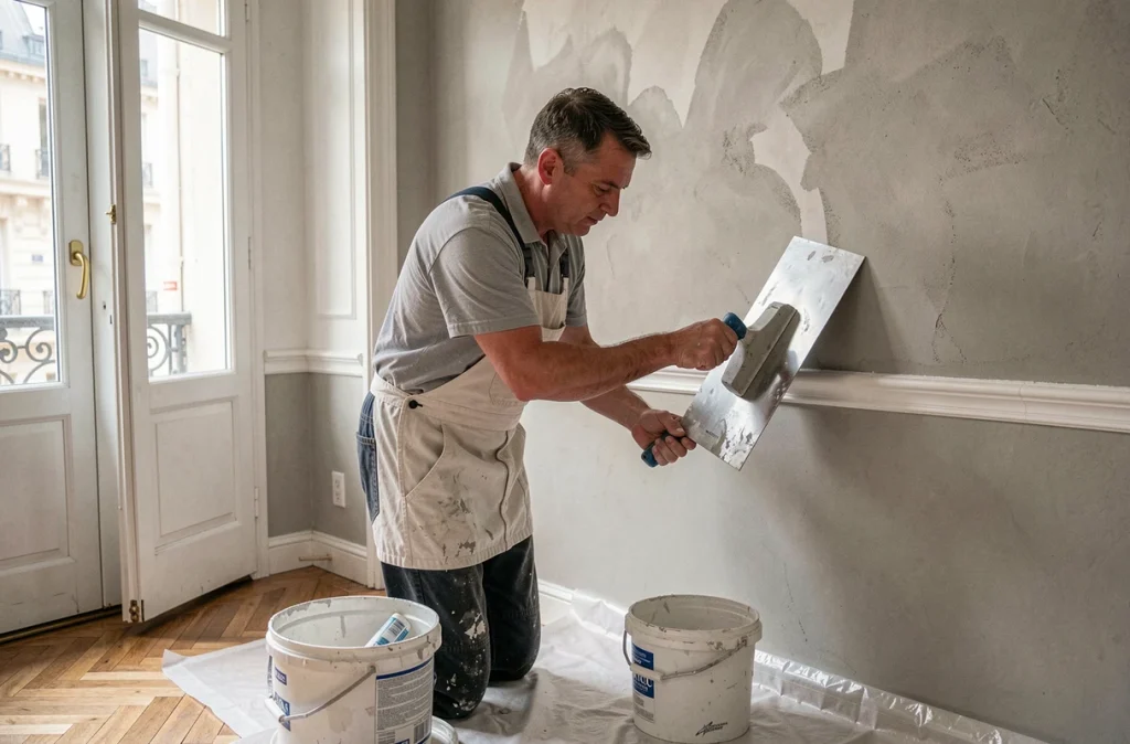 Décorateur de Sas David Décors finissant un mur isolé dans un appartement bordelais