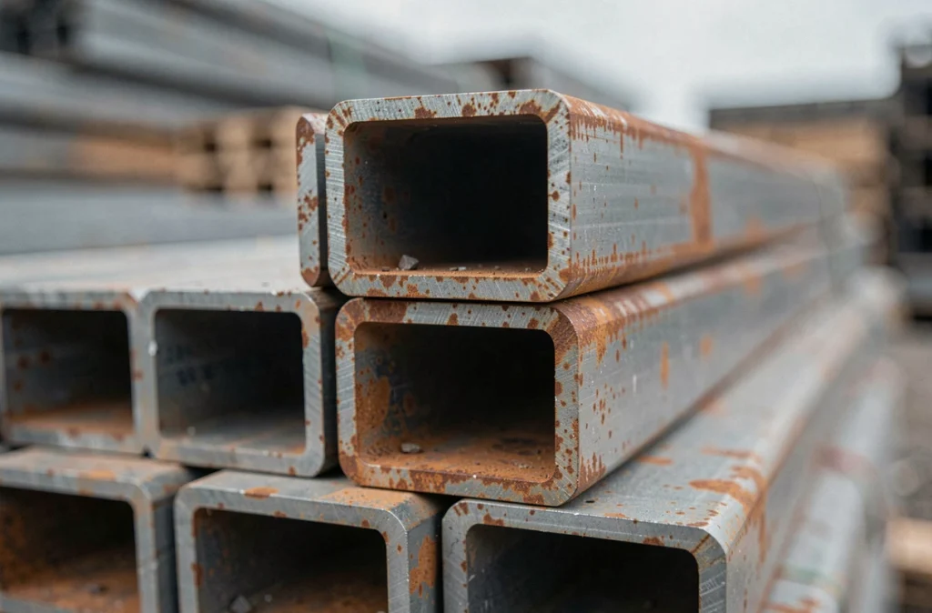 Sections de tubes carrés creux en acier empilées montrant l'épaisseur de paroi pour fabrication de portail