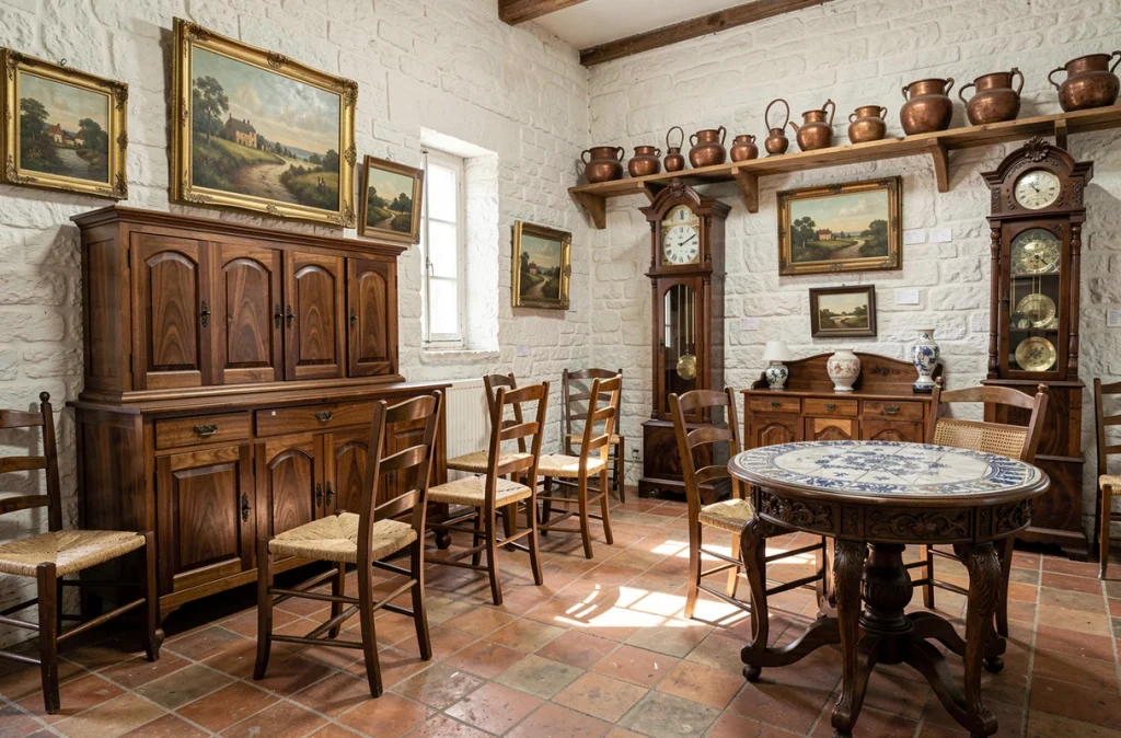 Salle d'exposition d'un antiquaire spécialisé en meubles normands à Caen avec buffet deux-corps et mobilier régional ancien