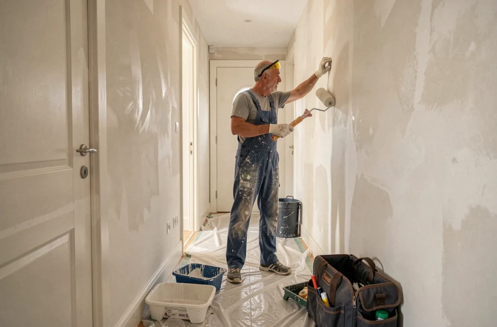 Artisan peintre de Sogépeint appliquant un enduit texturé dans un couloir résidentiel en cours de rénovation