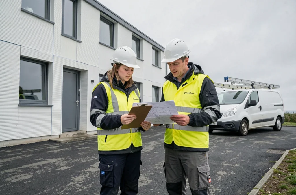 Deux techniciens en isolation thermique par l'extérieur consultant un plan devant un bâtiment résidentiel en Bretagne
