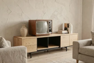 Télévision vintage à écran cathodique intégrée dans un meuble TV contemporain en chêne et métal noir mat dans un salon minimaliste