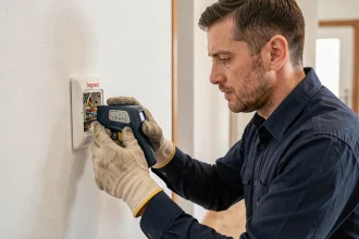 Électricien vérifiant le branchement d'un bouton poussoir Legrand avec un testeur de tension dans un couloir résidentiel
